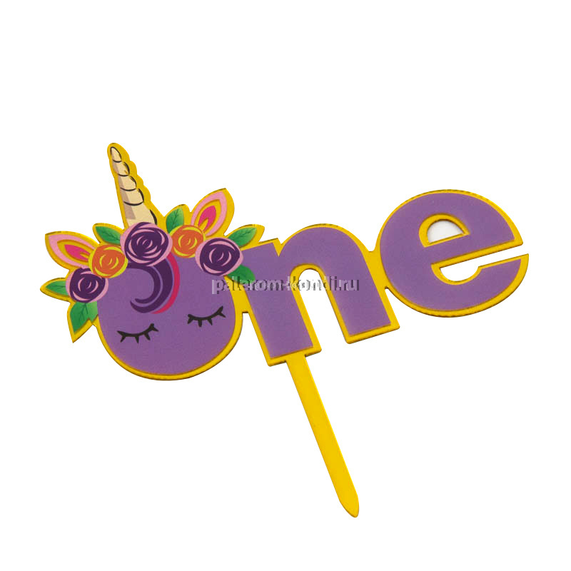 Топпер "One" единорог с цветами, фиолетовый 8,5*14см
